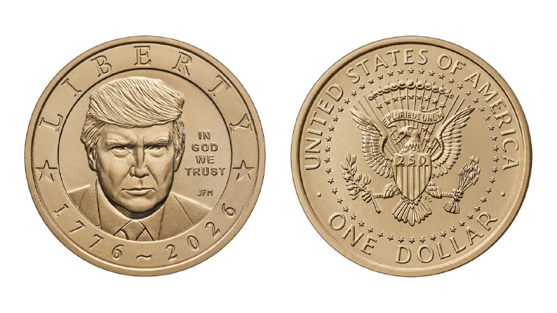 Золотая монета США номиналом 1 доллар с изображением президента Трампа к 250-летию независимости
